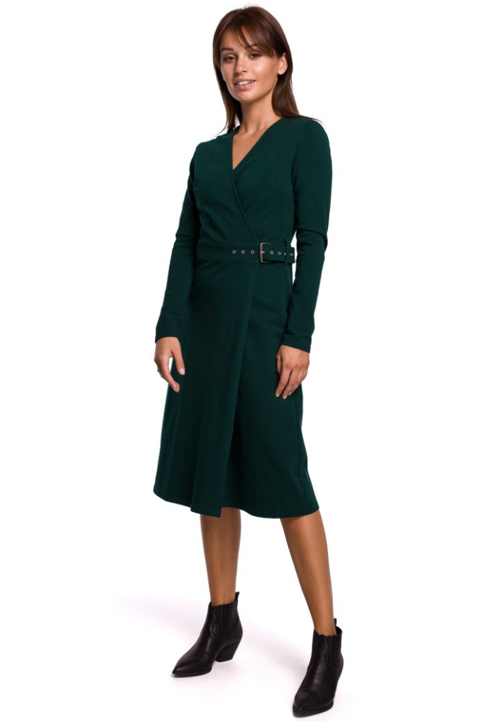 Sukienka Midi - Kopertowa Długi Rękaw - zielona